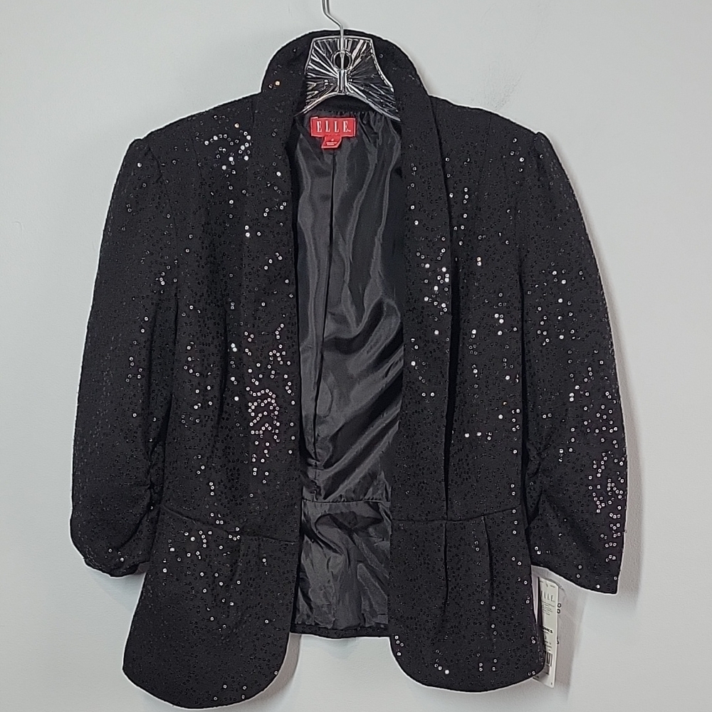 Elle black sequin blazer 3/4 ruched sleeves size 2 small